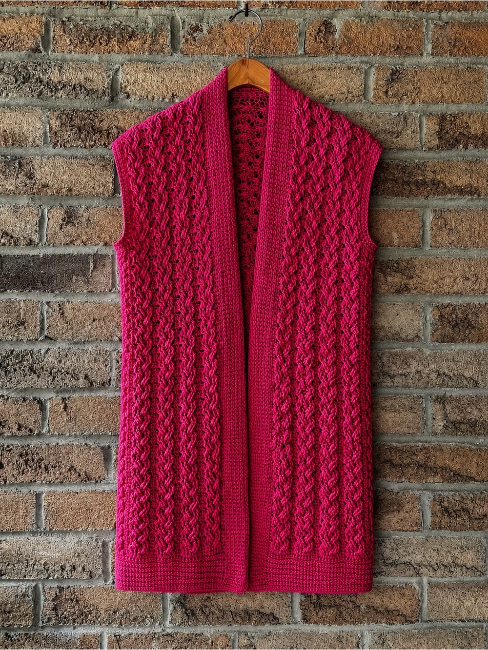 Handmade Heavy Open-Knit Longline Vest Cardigan Fuchsia Boho Fall